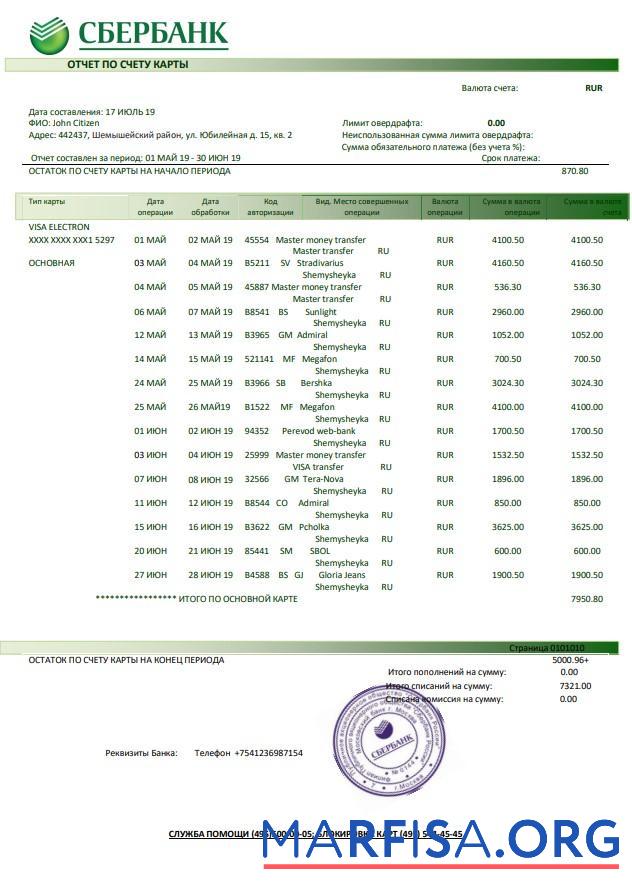 Blank Russia Sberbank bank statement word download for verification